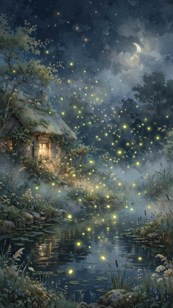 Fireflies drifting over a moonlit pond