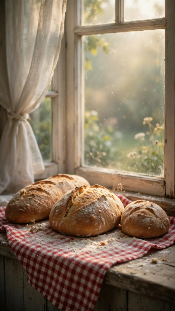 Freshly baked bread on a gingham cloth