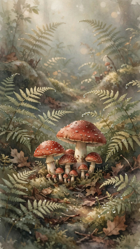 Mushroom cluster among ferns in soft light