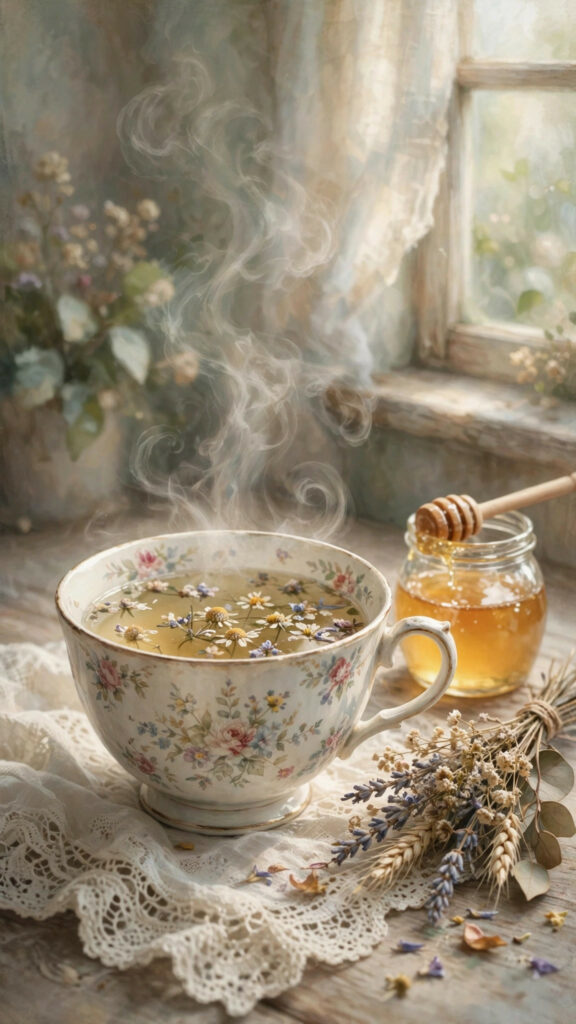 Vintage tea set with wildflowers