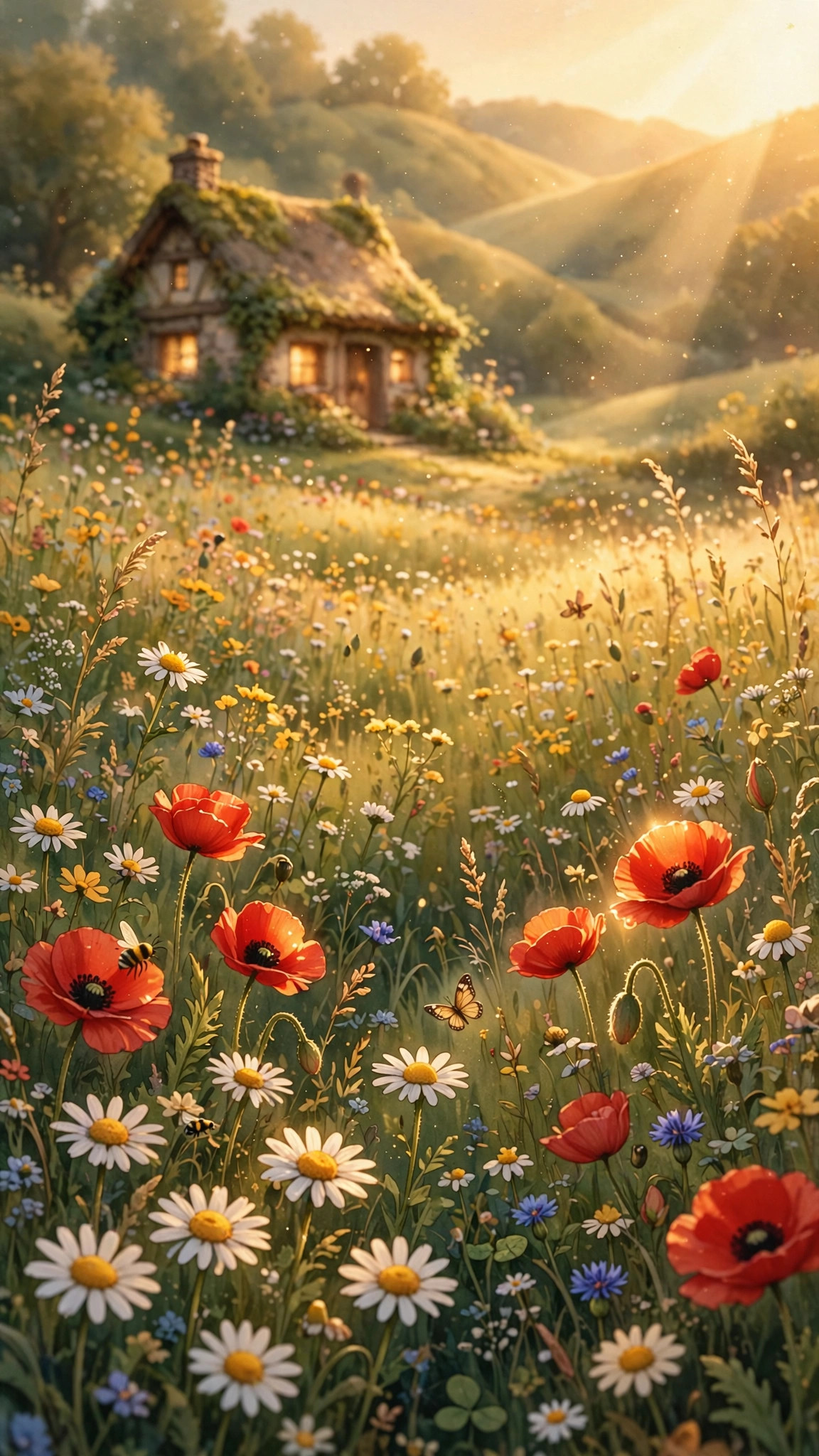 Cottagecore wallpaper with wildflowers and soft light