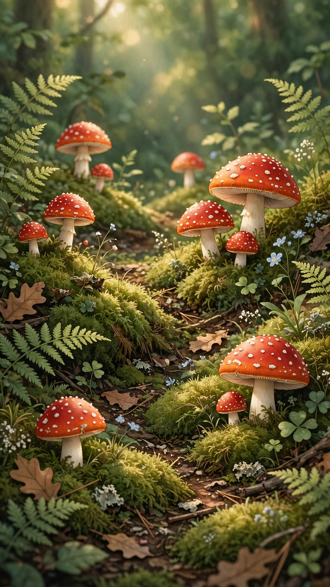 Cozy storybook wallpaper with mushrooms