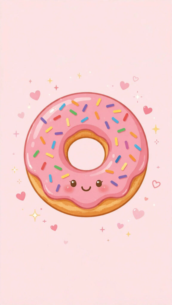 Kawaii donut wallpaper: smiling donut with pink frosting and rainbow sprinkles on pastel pink