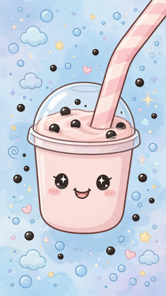 Kawaii boba wallpaper: smiling boba milk tea cup on pastel blue