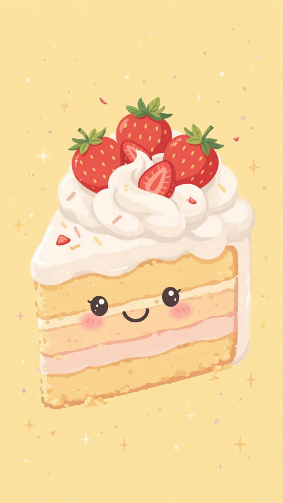 Kawaii strawberry cake wallpaper: smiling strawberry cake slice on pastel yellow
