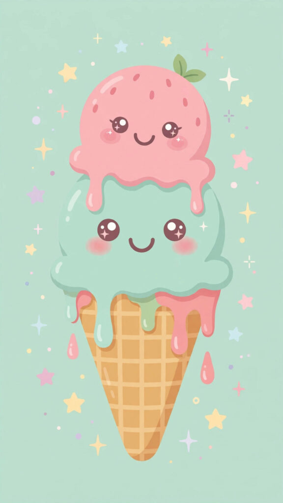 Kawaii ice cream wallpaper: happy ice cream cone with mint and strawberry scoops