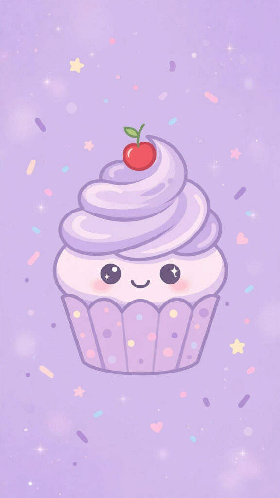 Kawaii cupcake wallpaper: cupcake with a cherry on lavender