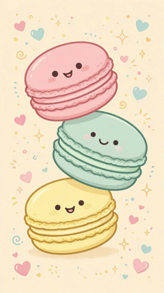Kawaii macaron wallpaper: three smiling macarons in pink, mint and lemon