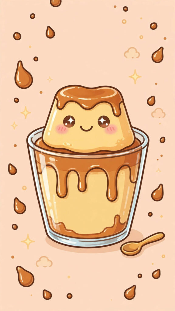 Kawaii pudding wallpaper: caramel pudding cup on peach