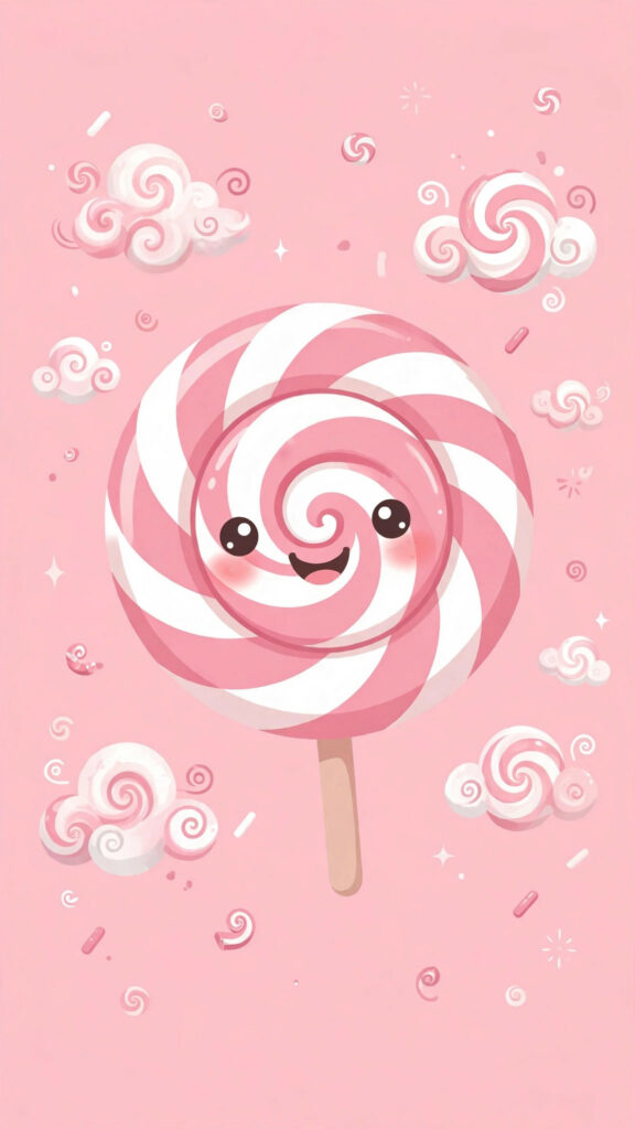 Kawaii lollipop wallpaper: smiling swirled lollipop in cotton-candy pink