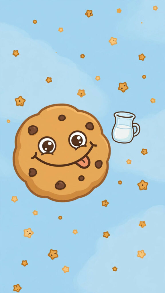 Kawaii cookie wallpaper: happy chocolate chip cookie and milk doodle on sky blue