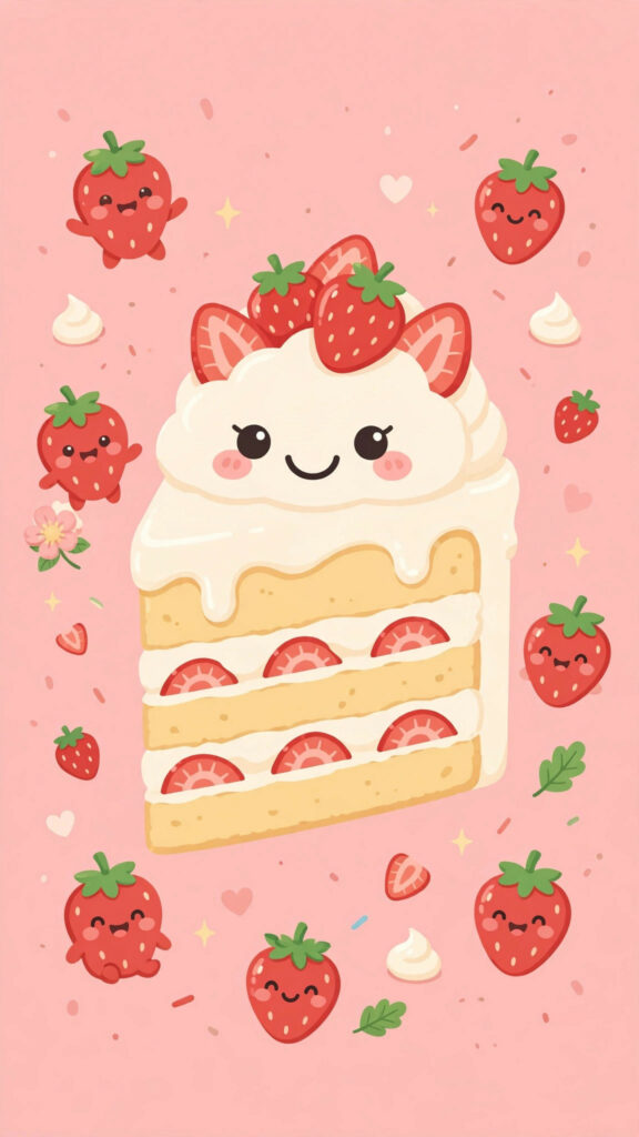 Kawaii cake wallpaper: strawberry shortcake slice with strawberry friends
