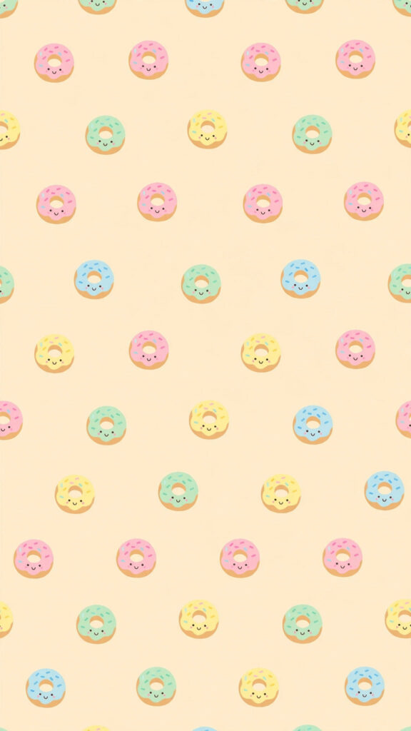 Kawaii donut wallpaper: tiny smiling donuts pattern on cream