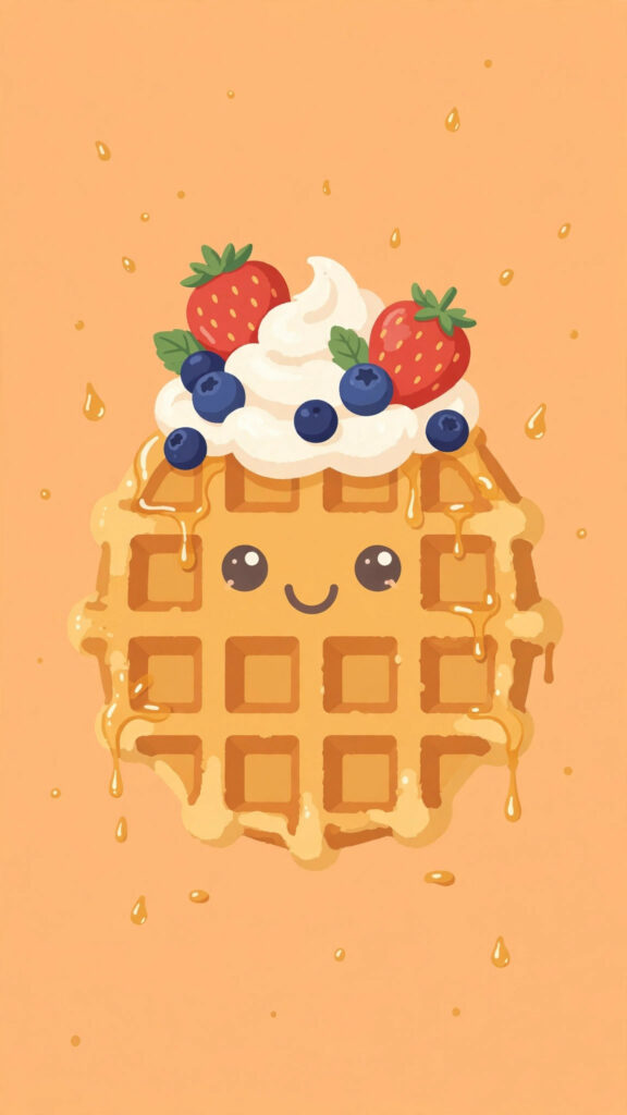 Kawaii waffle wallpaper: smiling waffle with berries on pastel orange