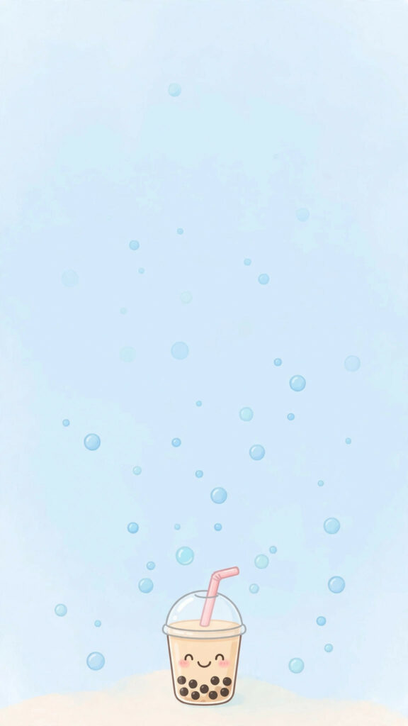 Kawaii boba wallpaper: small boba cup low with huge empty pastel blue sky above
