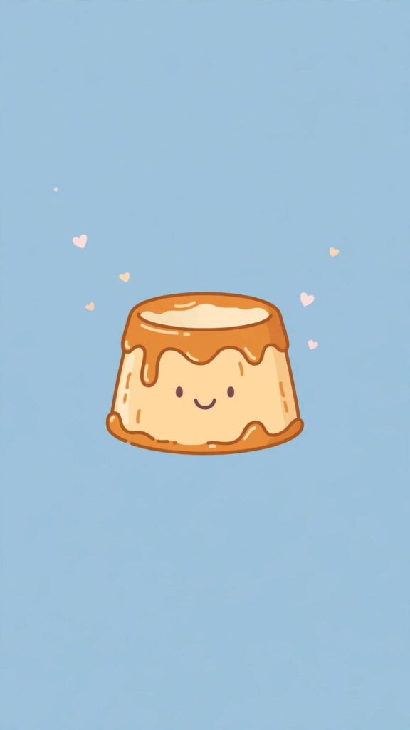 Kawaii pudding wallpaper: pudding cup centred on calm sky blue with wide negative space