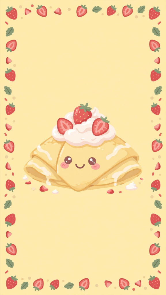 Kawaii crepe wallpaper: smiling crepe with strawberries on pastel yellow
