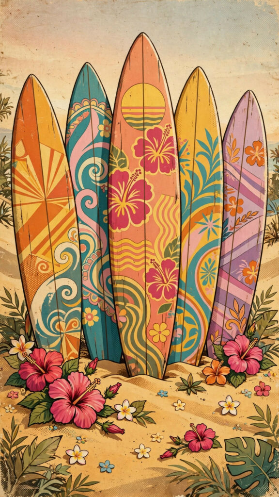 Retro surfboard beach art wallpaper