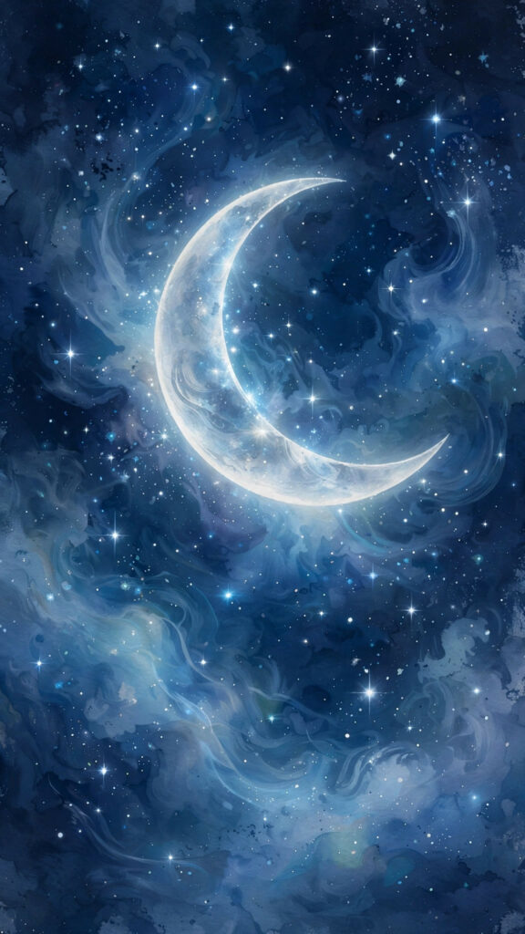 Glowing crescent moon among stars phone wallpaper