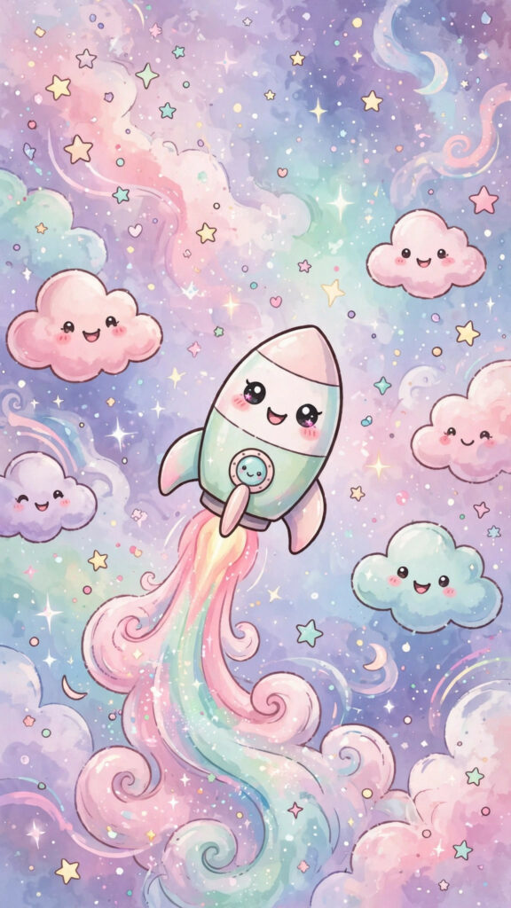 Tiny rocket blasting through pastel galaxy phone wallpaper