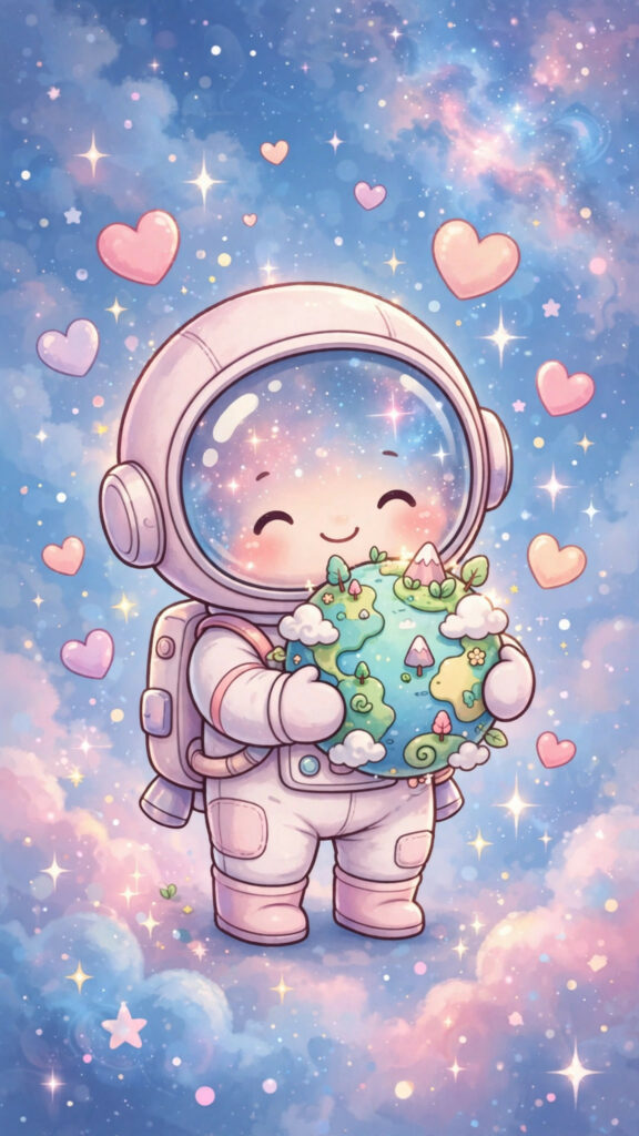 Adorable astronaut in starry sky phone wallpaper
