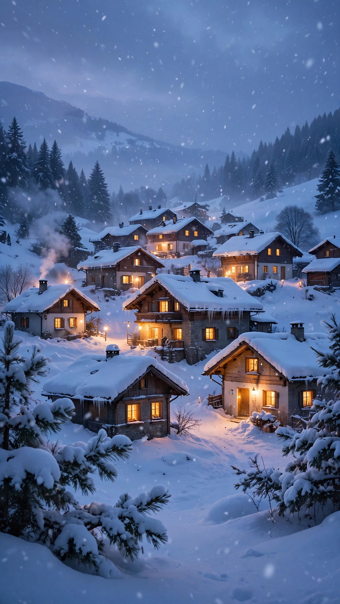 Peaceful winter snowfall phone background
