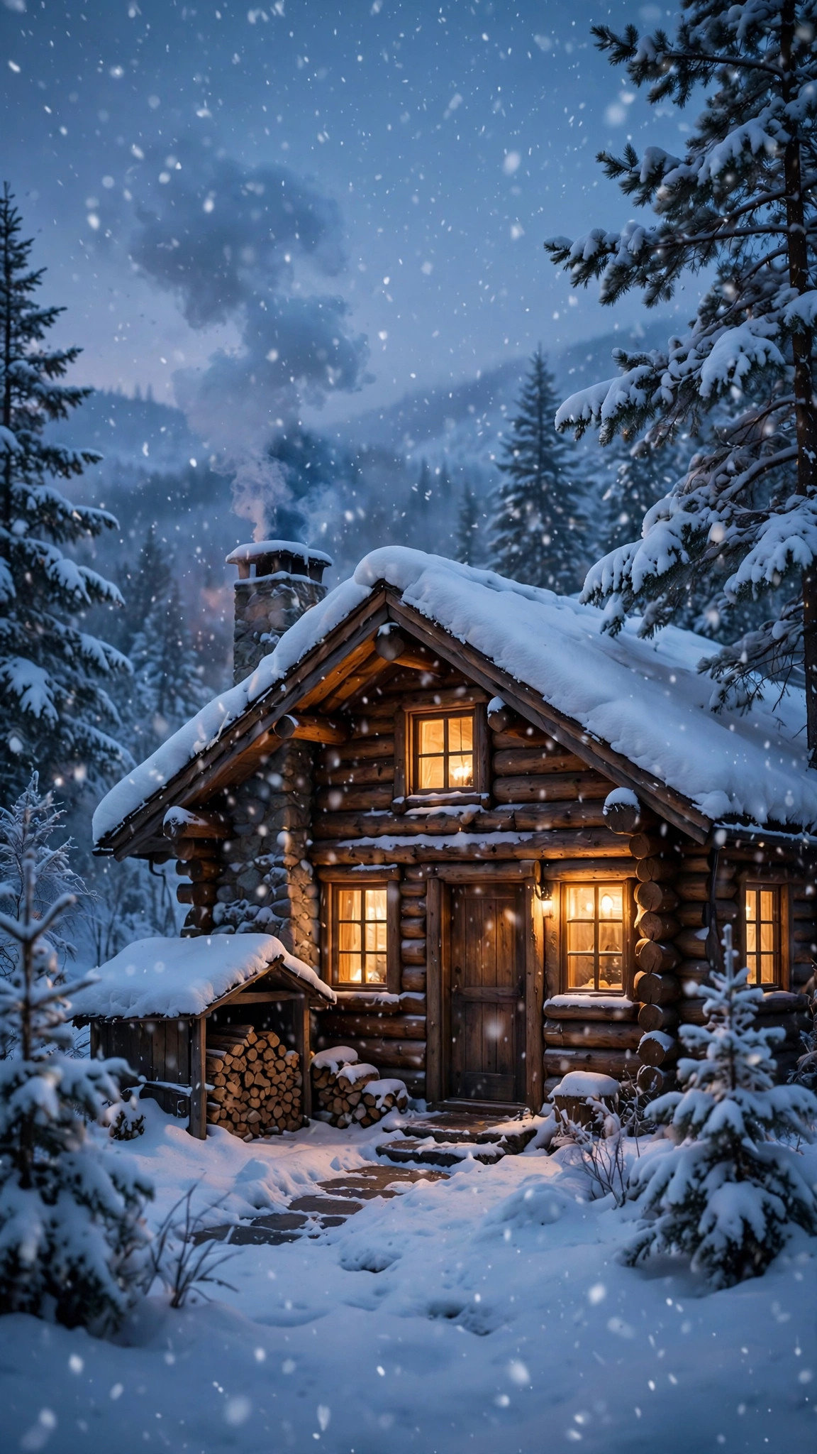 Cozy cabin with glowing windows in snow