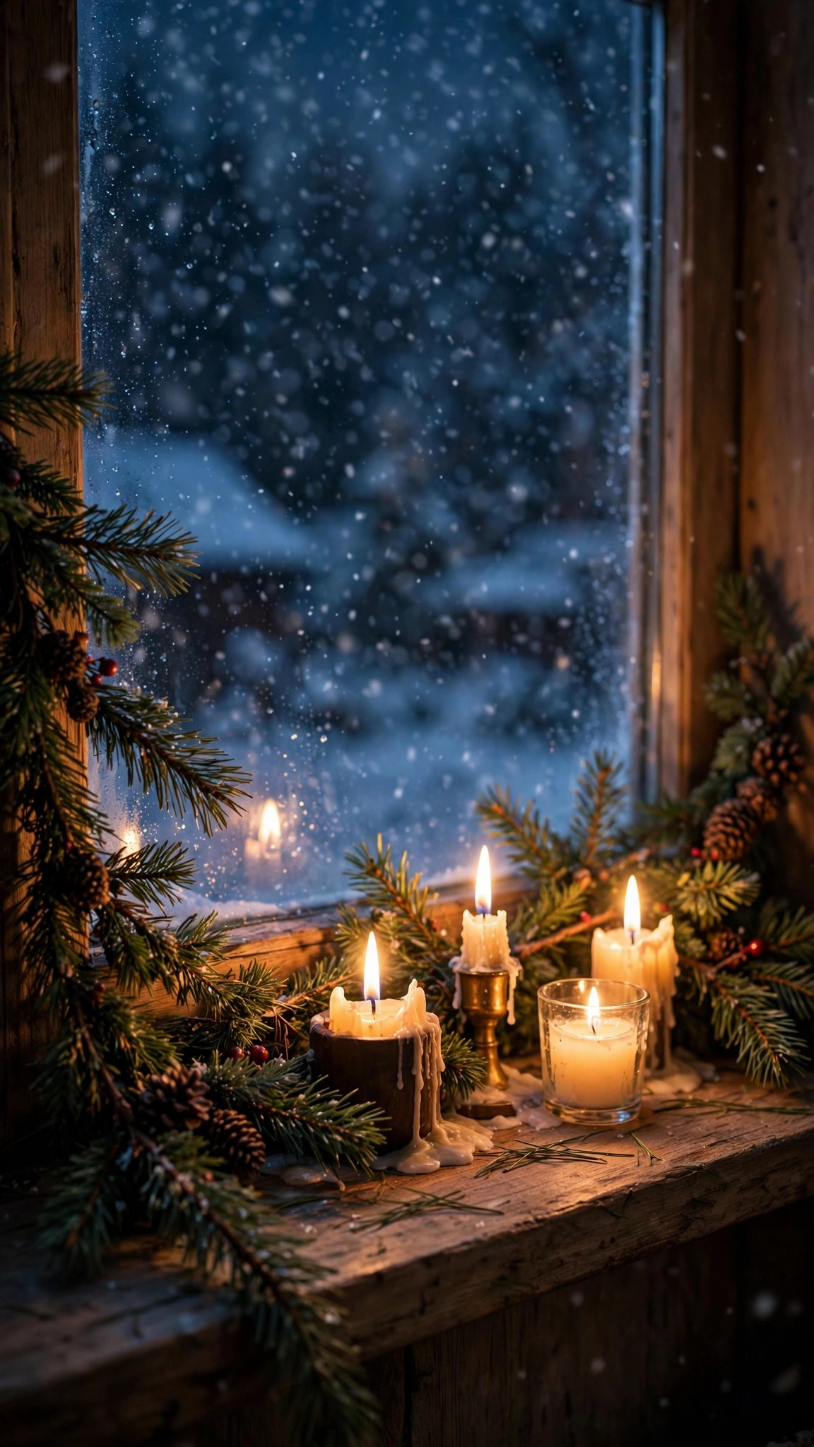 Golden window light in snowy night wallpaper