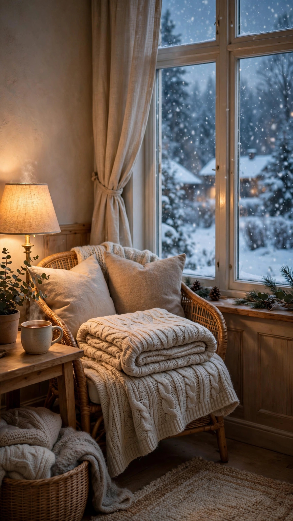 Warm cabin interior winter background