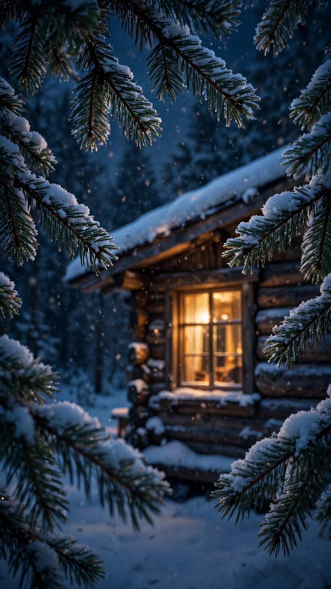 Snowy cabin with warm lights wallpaper